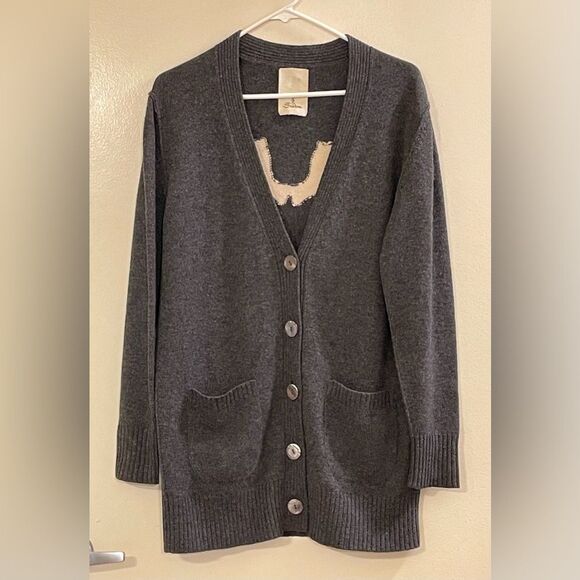 SEATON Cashmere Seahorse Varsity Cardigan in Gray‎ and White - Picture 2 of 6